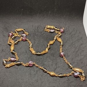 Chic Gold Tone and Purple Beaded Necklace